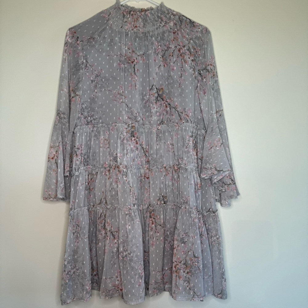NWT Storia Cherry Blossom Chiffon Floral Gray Smocked Tiered Bell Sleeve Dress